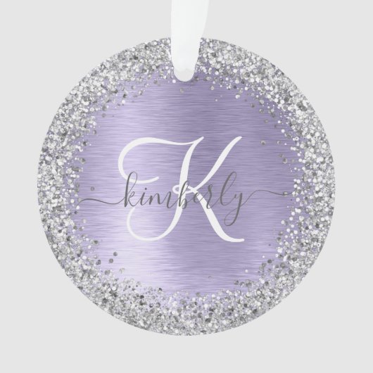 Paars geborsteld metaal Silver Glitter Monogram Na Ornament (voorkant)