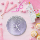 Paars geborsteld metaal Silver Glitter Monogram Na Papieren Bordje (Feest)