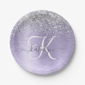 Paars geborsteld metaal Silver Glitter Monogram Na Papieren Bordje (Voorkant)