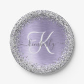 Paars geborsteld metaal Silver Glitter Monogram Na Papieren Bordje (Voorkant)