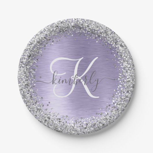 Paars geborsteld metaal Silver Glitter Monogram Na Papieren Bordje (Voorkant)