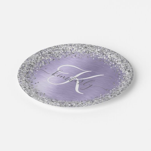 Paars geborsteld metaal Silver Glitter Monogram Na Papieren Bordje (Gekanteld)