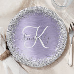 Paars geborsteld metaal Silver Glitter Monogram Na Papieren Bordje<br><div class="desc">Pas dit trendy bord van papier met  zilvervormend glitter op een paarse geborstelde metalen achtergrond eenvoudig aan.</div>