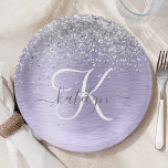Paars geborsteld metaal Silver Glitter Monogram Na Papieren Bordje<br><div class="desc">Pas dit trendy bord-ontwerp met  zilveren mousserende glitter op een paarse geborstelde metalen achtergrond eenvoudig aan.</div>