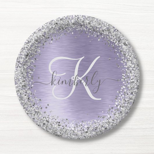 Paars geborsteld metaal Silver Glitter Monogram Na Papieren Bordje