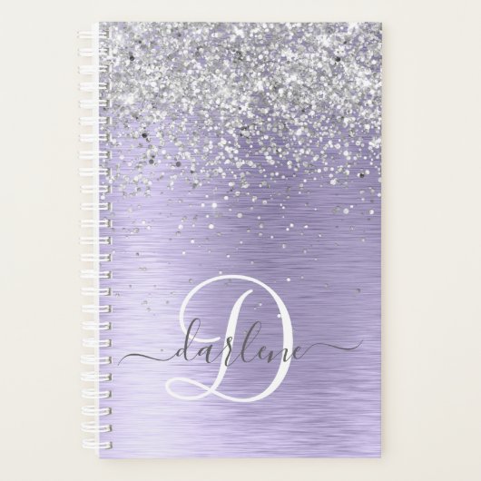 Paars geborsteld metaal Silver Glitter Monogram Na Planner (Voorkant)
