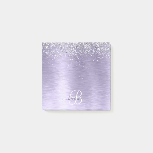 Paars geborsteld metaal Silver Glitter Monogram Na Post-it® Notes (Voorkant)