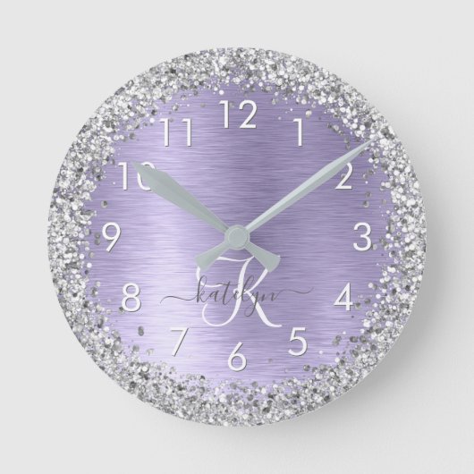 Paars geborsteld metaal Silver Glitter Monogram Na Ronde Klok (Voorkant)