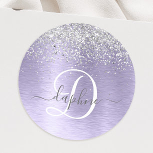 Paars geborsteld metaal Silver Glitter Monogram Na Ronde Sticker