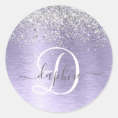 Paars geborsteld metaal Silver Glitter Monogram Na Ronde Sticker (Voorkant)