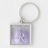 Paars geborsteld metaal Silver Glitter Monogram Na Sleutelhanger (Voorkant)
