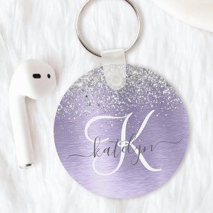 Paars geborsteld metaal Silver Glitter Monogram Na Sleutelhanger