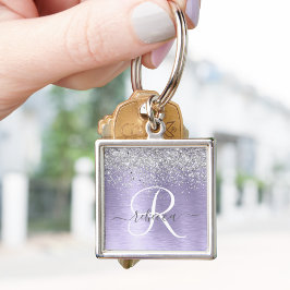 Paars geborsteld metaal Silver Glitter Monogram Na Sleutelhanger