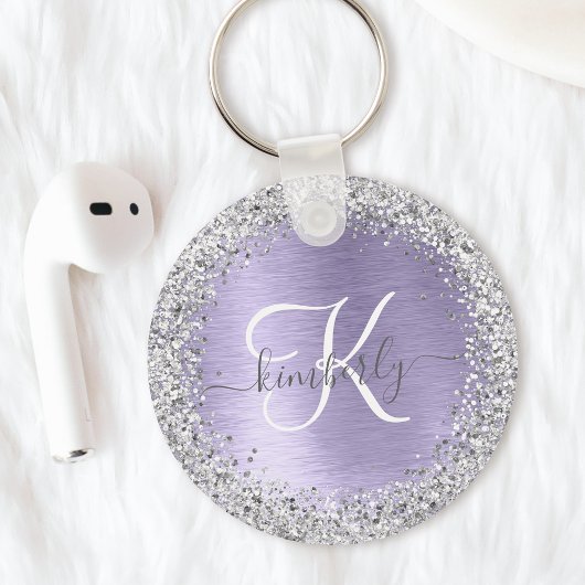 Paars geborsteld metaal Silver Glitter Monogram Na Sleutelhanger