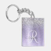 Paars geborsteld metaal Silver Glitter Monogram Na Sleutelhanger (Voorkant Links)