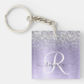 Paars geborsteld metaal Silver Glitter Monogram Na Sleutelhanger (Voorkant)