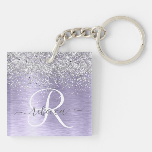 Paars geborsteld metaal Silver Glitter Monogram Na Sleutelhanger (Achterkant)