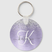 Paars geborsteld metaal Silver Glitter Monogram Na Sleutelhanger (Voorkant)