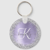 Paars geborsteld metaal Silver Glitter Monogram Na Sleutelhanger (Voorkant)