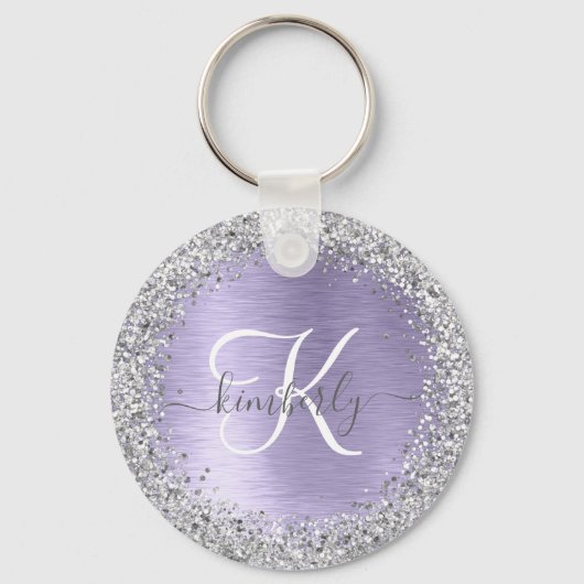 Paars geborsteld metaal Silver Glitter Monogram Na Sleutelhanger (Voorkant)