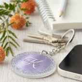 Paars geborsteld metaal Silver Glitter Monogram Na Sleutelhanger (Voorkant Rechts)