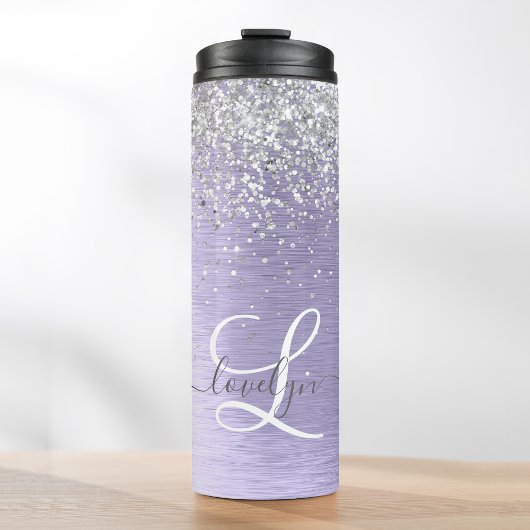 Paars geborsteld metaal Silver Glitter Monogram Na Thermosbeker