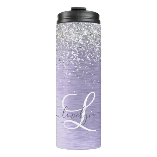 Paars geborsteld metaal Silver Glitter Monogram Na Thermosbeker (Voorkant)