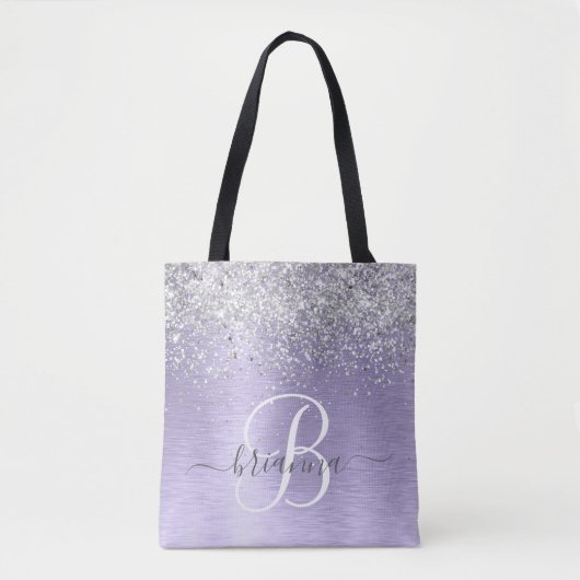 Paars geborsteld metaal Silver Glitter Monogram Na Tote Bag (Voorkant)