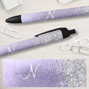 Paars geborsteld metaal Silver Glitter Monogram Na Zwarte Inkt Pen