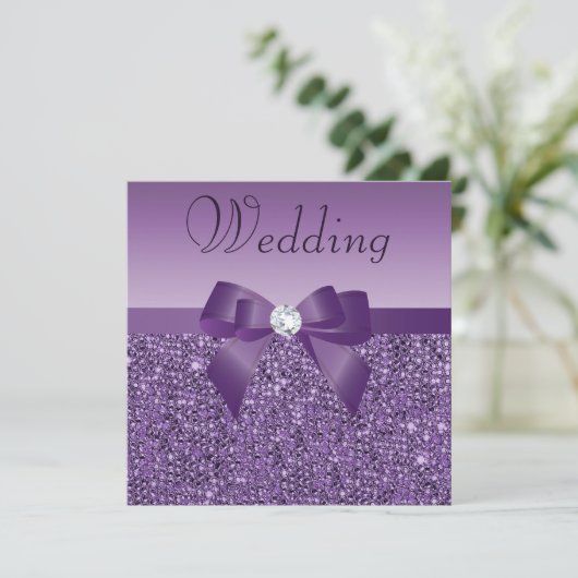 Paars gedrukte Chic Sequins Bow & Diamond Wedding Kaart (Staand voorkant)
