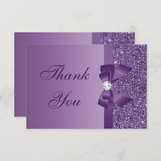 Paars gedrukte Sequins Bow & Diamond Dank u Bedankkaart (Voorkant / Achterkant)