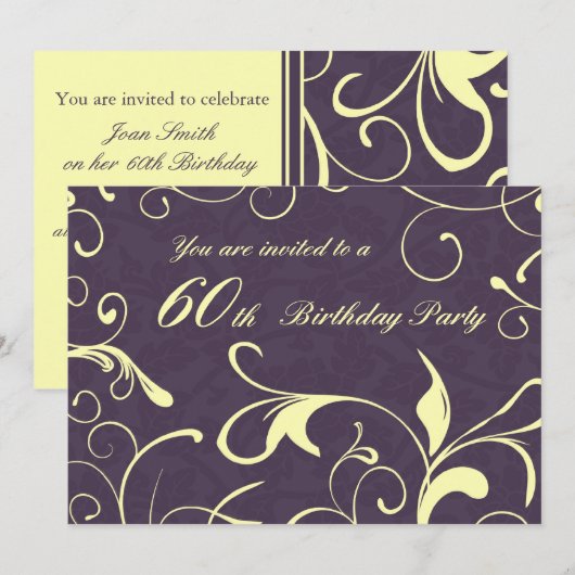 Paars Geel 60e verjaardag Uitnodigingskaarten Kaart (Voorkant / Achterkant)