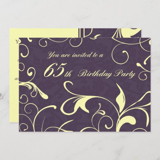 Paars geel 65e verjaardag Uitnodigingskaarten Kaart (Voorkant / Achterkant)