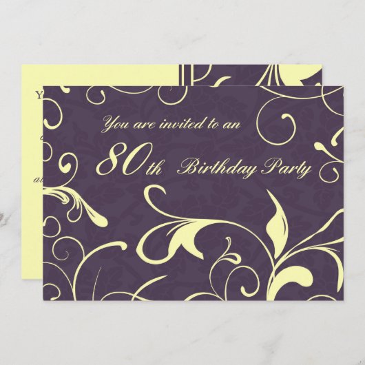 Paars Geel 80e verjaardag Uitnodigingskaarten Kaart (Voorkant / Achterkant)