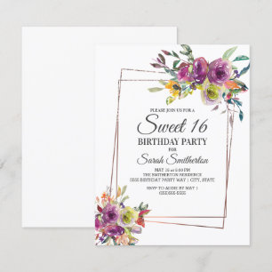 Paars Geel Aquarel Bloem Geometrisch Sweet 16 Kaart