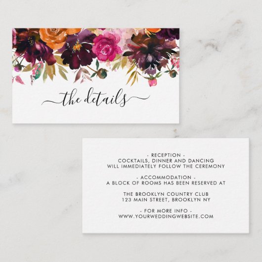 Paars Geel Bourgogne Roos Floral Weddenschap Detai Informatiekaartje (Voorkant / Achterkant)