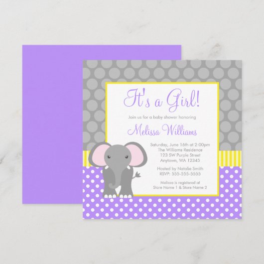 Paars Geel Elephant Baby shower Kaart (Voorkant / Achterkant)