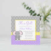 Paars Geel Elephant Baby shower Kaart (Staand voorkant)