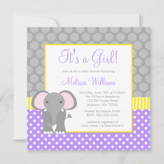 Paars Geel Elephant Baby shower Kaart (Voorkant)