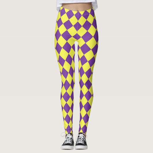 Paars Geel Geruit Diamant Patroon Leggings (Voorkant)