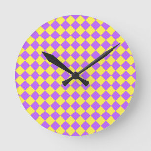 Paars Geel Geruit Diamant Patroon Ronde Klok