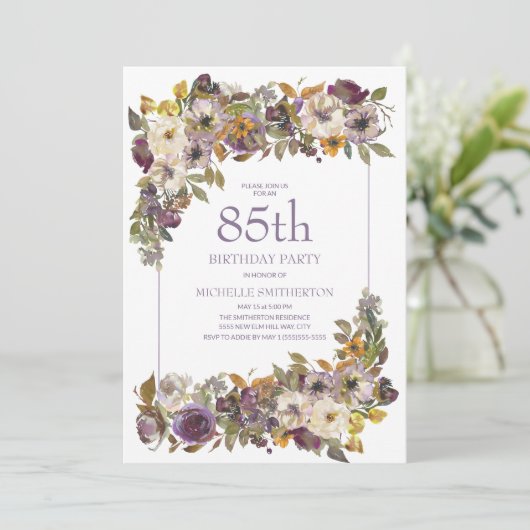 Paars Geel Ivoor Bloemmotief Blad 85e Verjaardag Kaart (Staand voorkant)