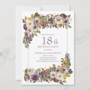 Paars geel Ivory Floral Foliage 18e verjaardag Kaart