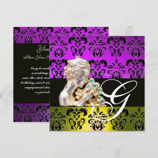 PAARS, GEEL, ZWARTE, WITTE DAMASKJEWEL MONOGRAM KAART (Voorkant / Achterkant)