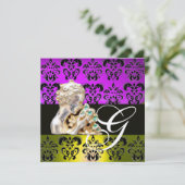 PAARS, GEEL, ZWARTE, WITTE DAMASKJEWEL MONOGRAM KAART (Staand voorkant)