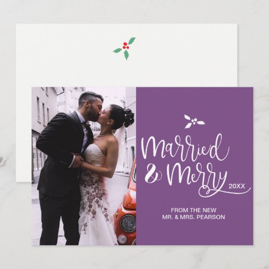 Paars, gehuwd en vrolijk, Kerstmis, fotokaart Feestdagenkaart (Voorkant / Achterkant)