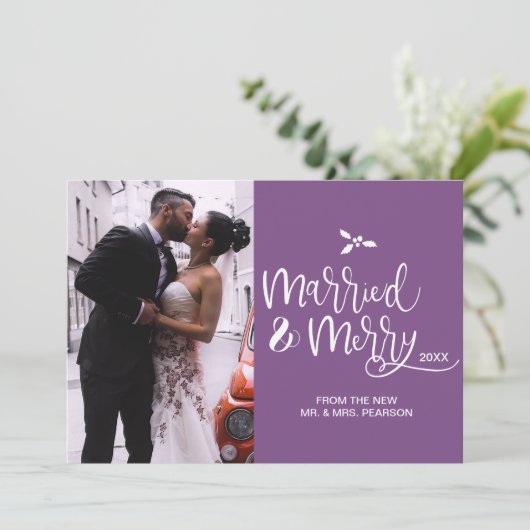 Paars, gehuwd en vrolijk, Kerstmis, fotokaart Feestdagenkaart (Staand voorkant)