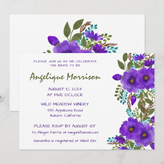Paars gekleurde Floral Bridal Shower Invitation Kaart (Voorkant / Achterkant)