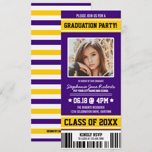 Paars|Gele Graduy Party Ticket Kaart (Voorkant / Achterkant)
