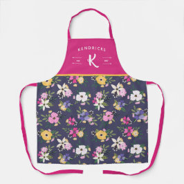 Paars-gele roze bloemenfamilie monogram schort